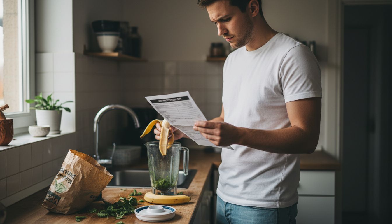 Ein Mann informiert sich in seiner Küche über gesunde Ernährungstipps.