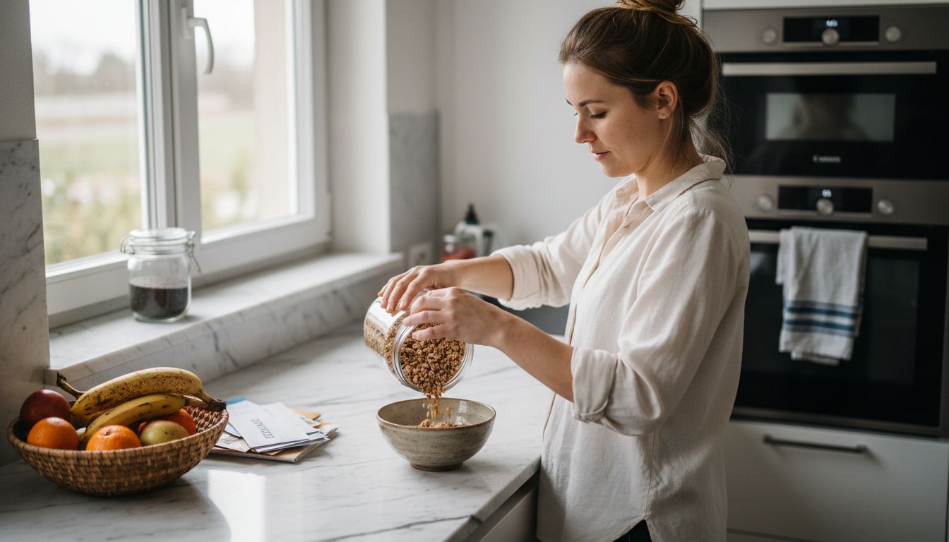 Eine Frau bereitet in ihrer Küche ein gesundes Frühstück zu.