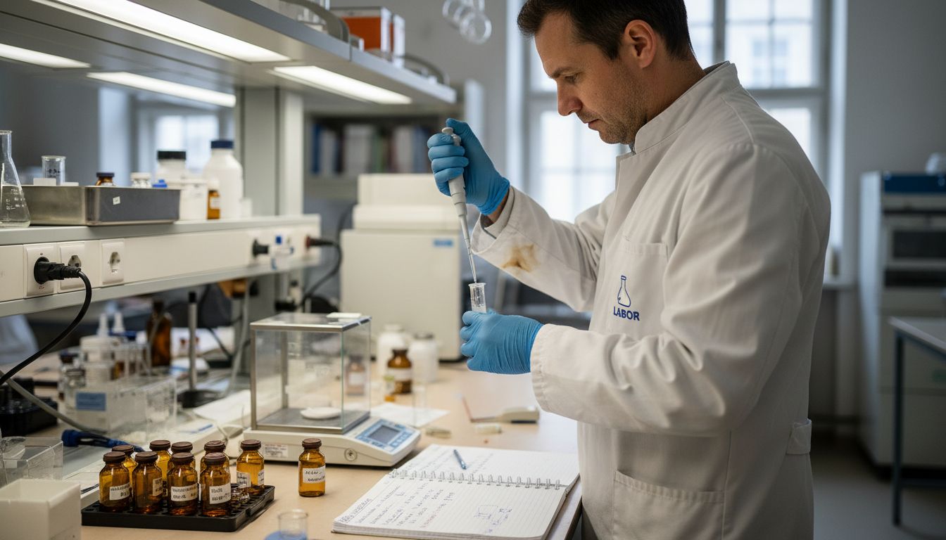 Ein Labortechniker untersucht Proben unter kontrollierten Bedingungen.