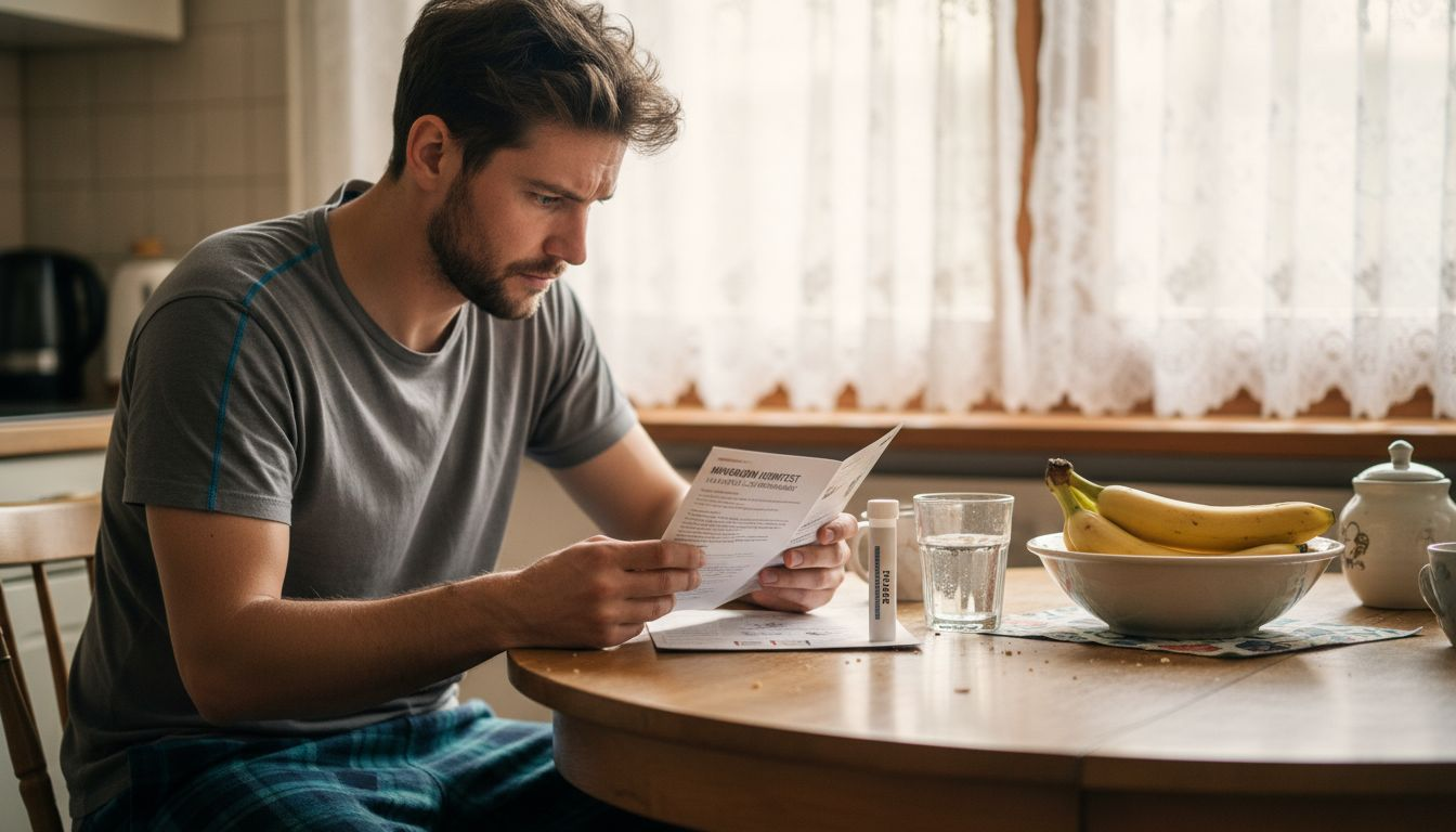 Ein Mann studiert aufmerksam die Anleitung für einen Mikrobiom-Test, den er zu Hause durchführt.
