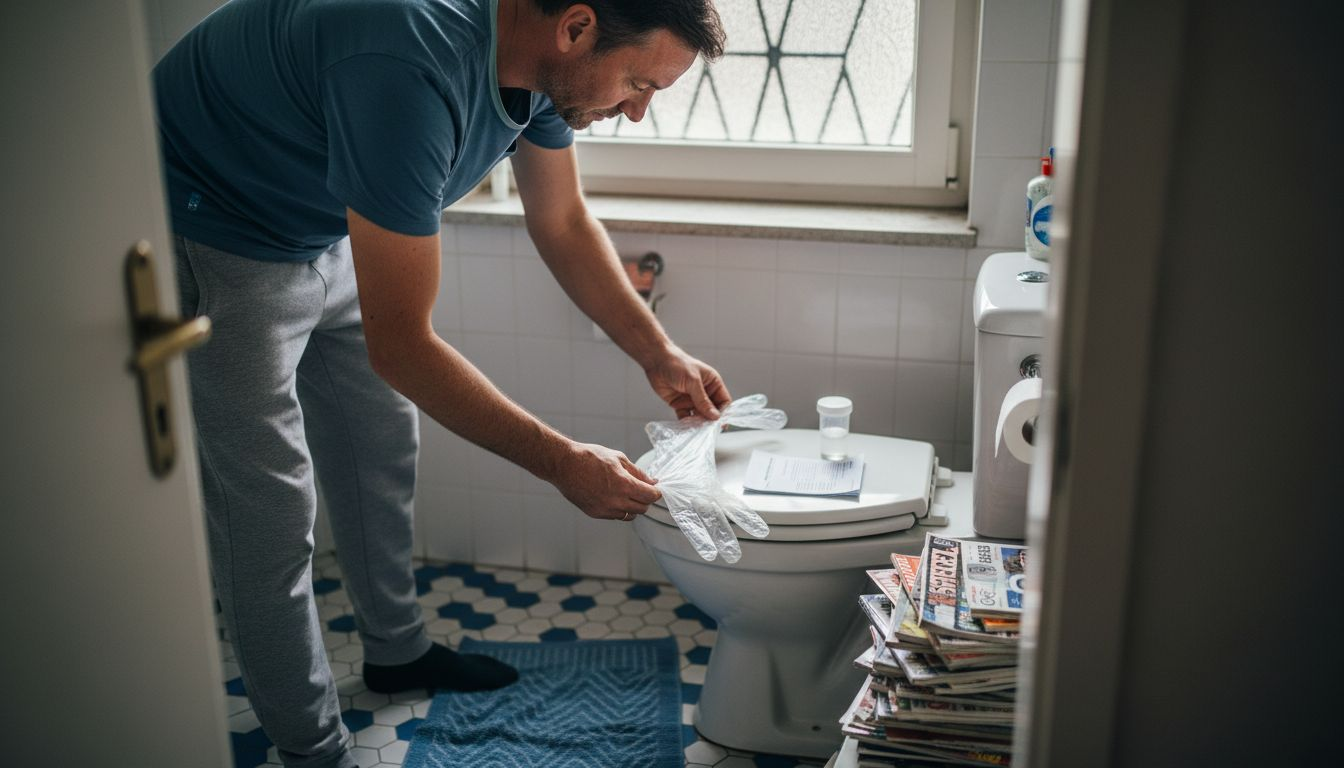 Ein Mann bereitet das Badezimmer für einen Stuhltest zu Hause vor.
