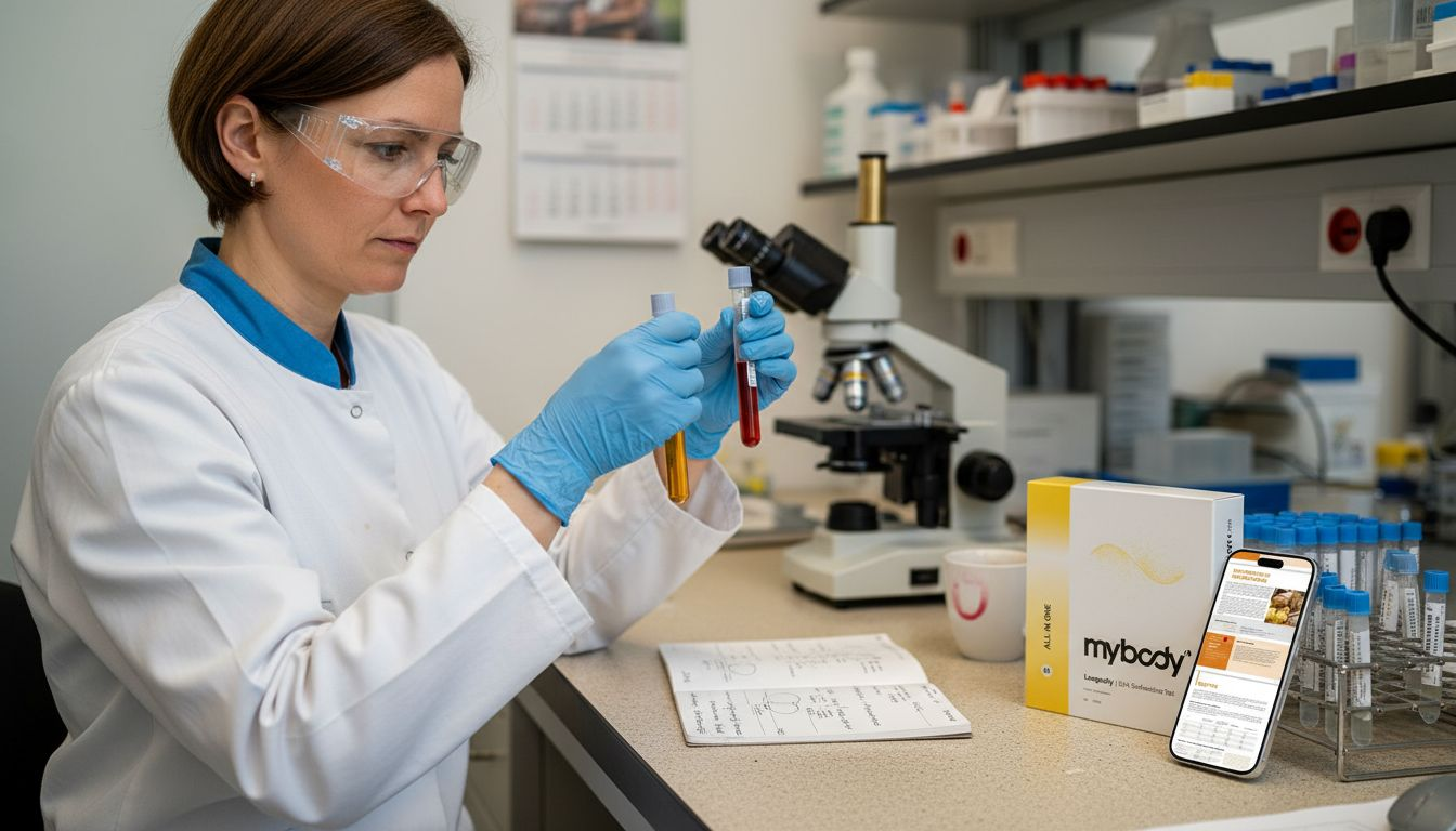 Eine Labormitarbeiterin arbeitet konzentriert an ihrem Arbeitsplatz und hantiert dabei mit mehreren Reagenzgläsern.