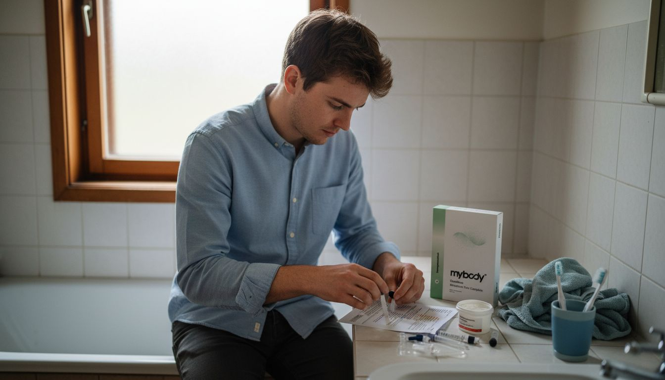 Ein Mann studiert die Anleitung für einen Mikrobiom-Stuhltest.