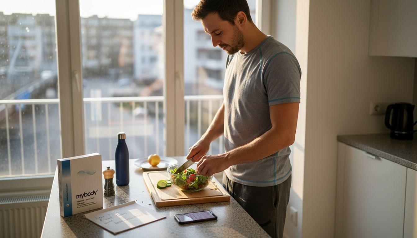 Ein Mann bereitet in einer hellen Küche ein gesundes Gericht zu.