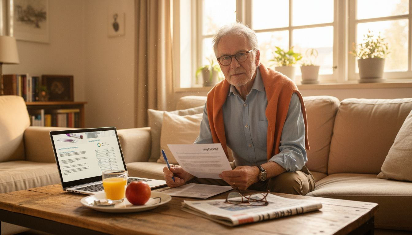 Ein Mann schaut sich im Wohnzimmer seine aktuellen Laborwerte an.