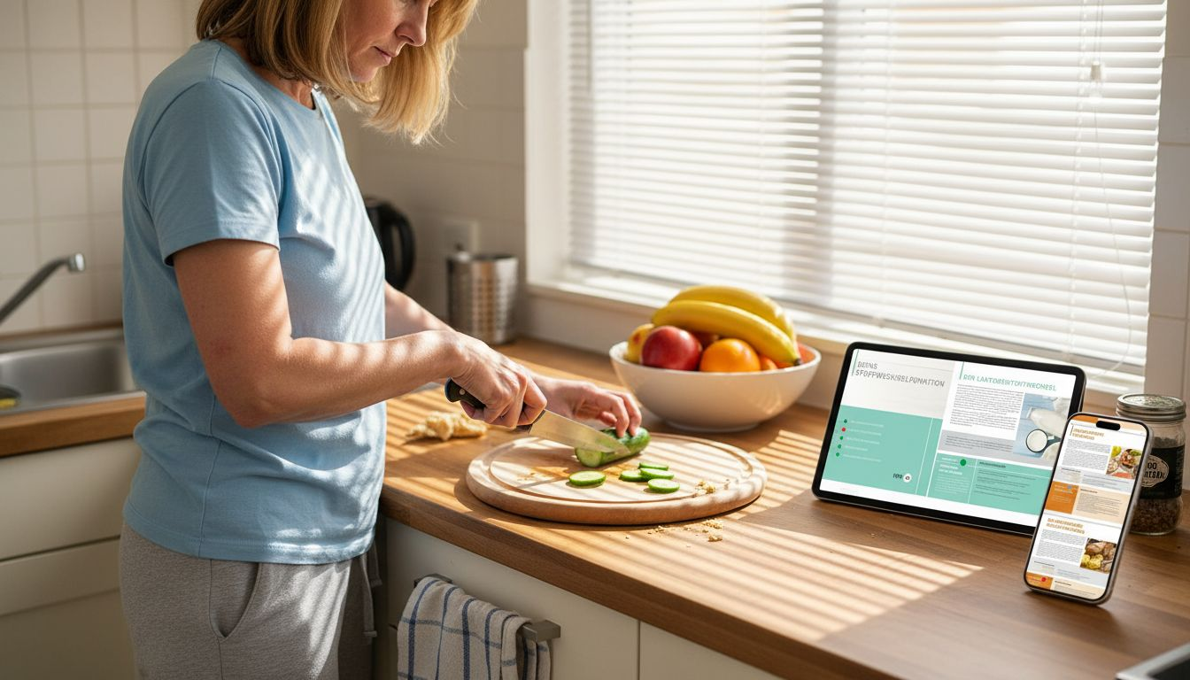 Eine Frau bemerkt in ihrer Küche einen Hautausschlag und reagiert darauf.