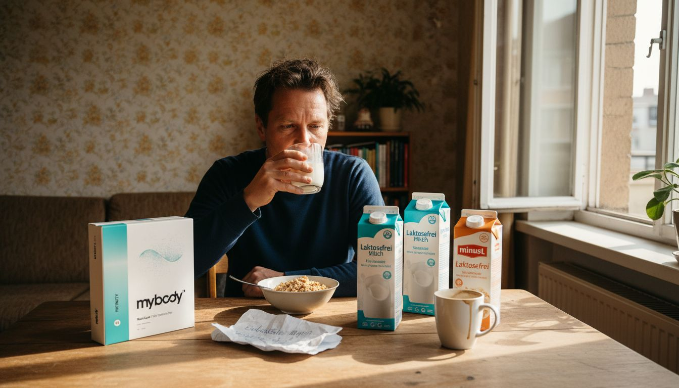 Ein Mann sitzt am Tisch und trinkt laktosefreie Milch.