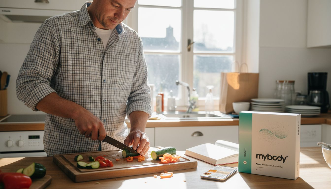 Ein Mann kocht nach seinem Ernährungsplan eine ausgewogene Mahlzeit.