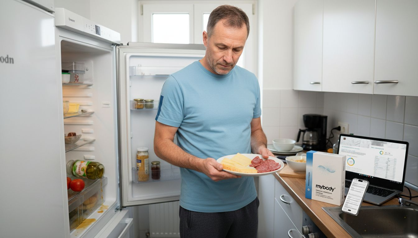 Ein Mann schaut im Kühlschrank nach, welche Lebensmittel ein Risiko für Histaminunverträglichkeit darstellen könnten.