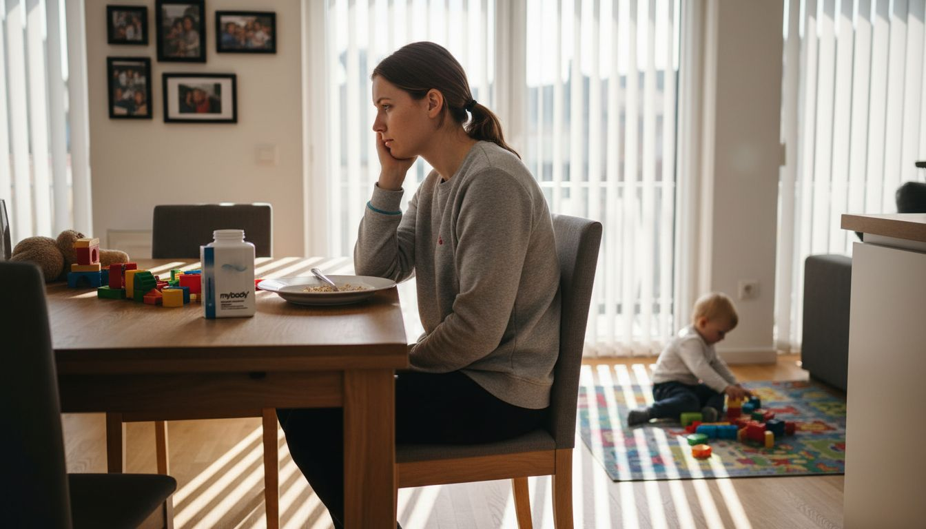Erschöpfte Mama sitzt beim Stillen am Küchentisch