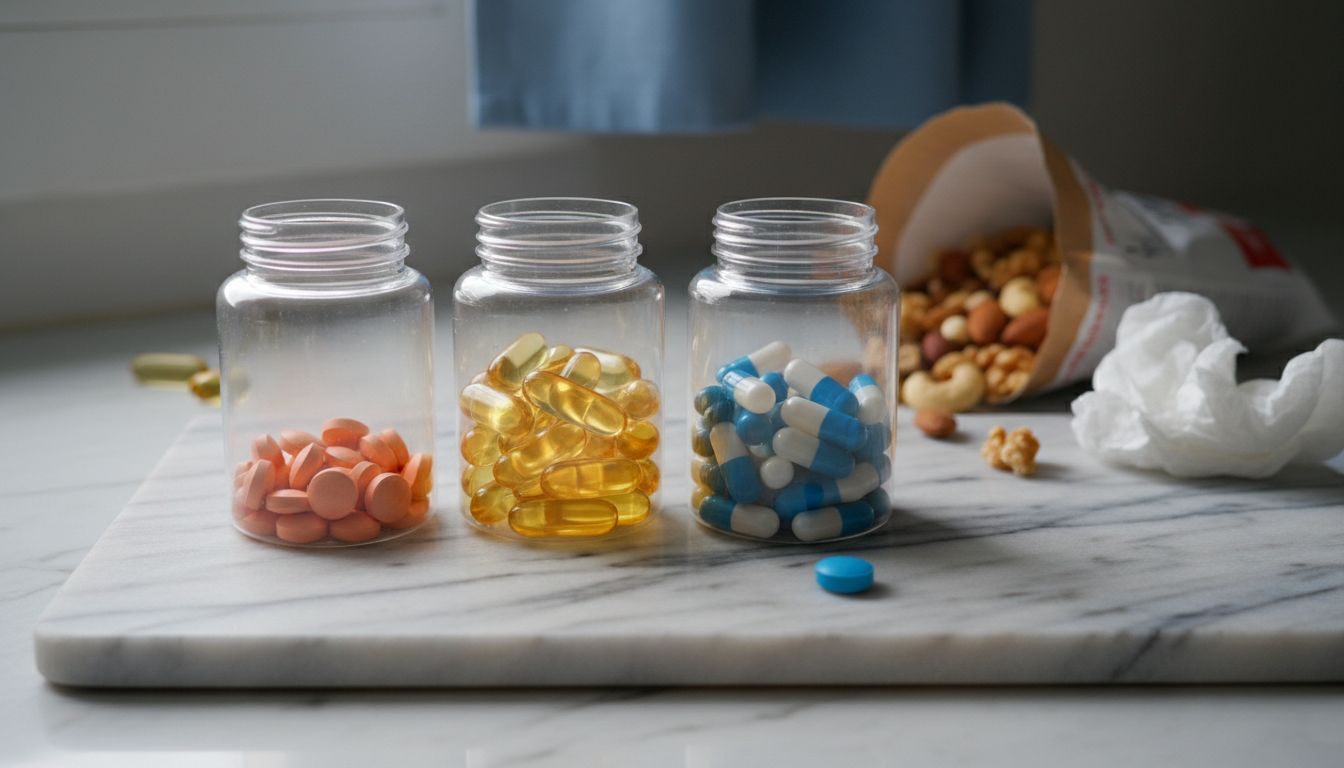 Verschiedene Nahrungsergänzungsmittel in Gläsern auf einem Holzbrett in der Küche arrangiert.