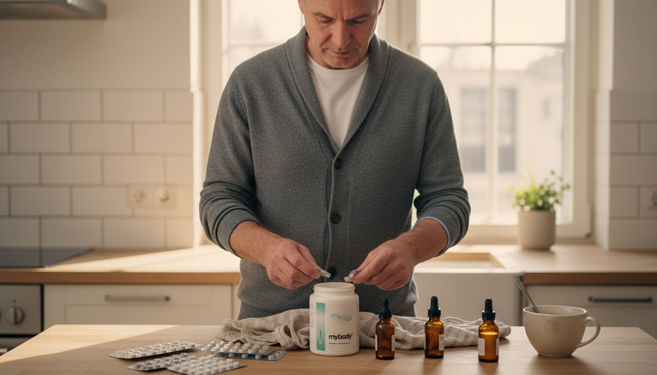 Verschiedene Nahrungsergänzungsmittel sind auf der Küchenarbeitsplatte ausgebreitet.