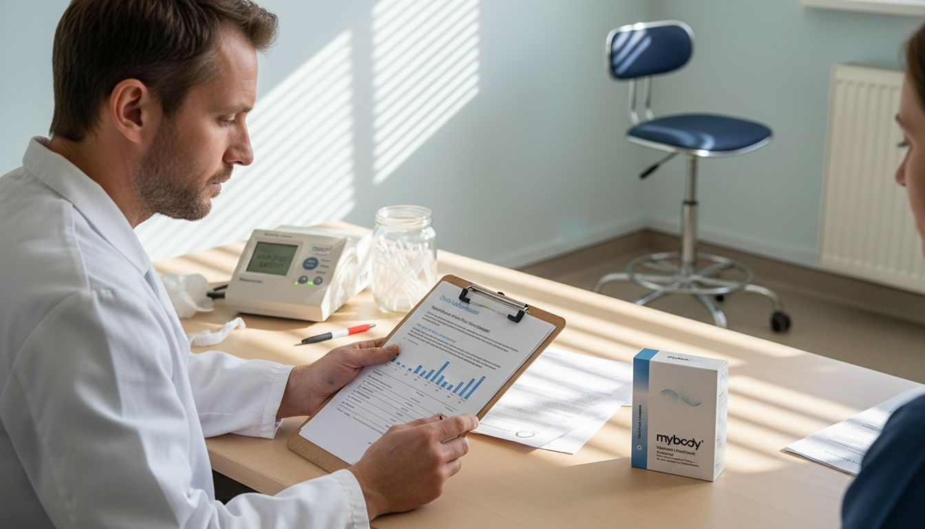 Im Behandlungszimmer bespricht der Arzt gemeinsam mit dem Patienten die aktuellen Untersuchungsergebnisse.