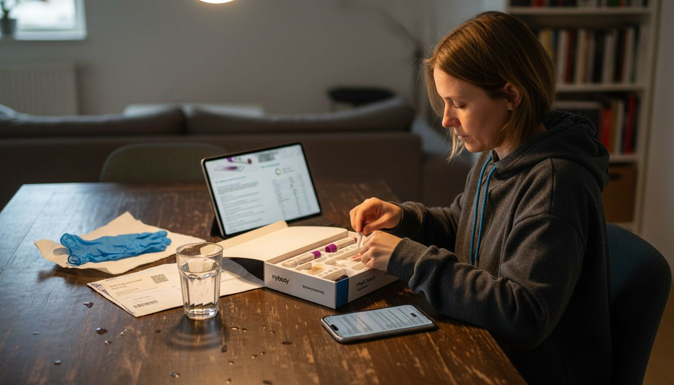 Eine Frau richtet am Tisch sorgfältig ein Set für einen Bluttest her und achtet dabei besonders auf Sauberkeit.