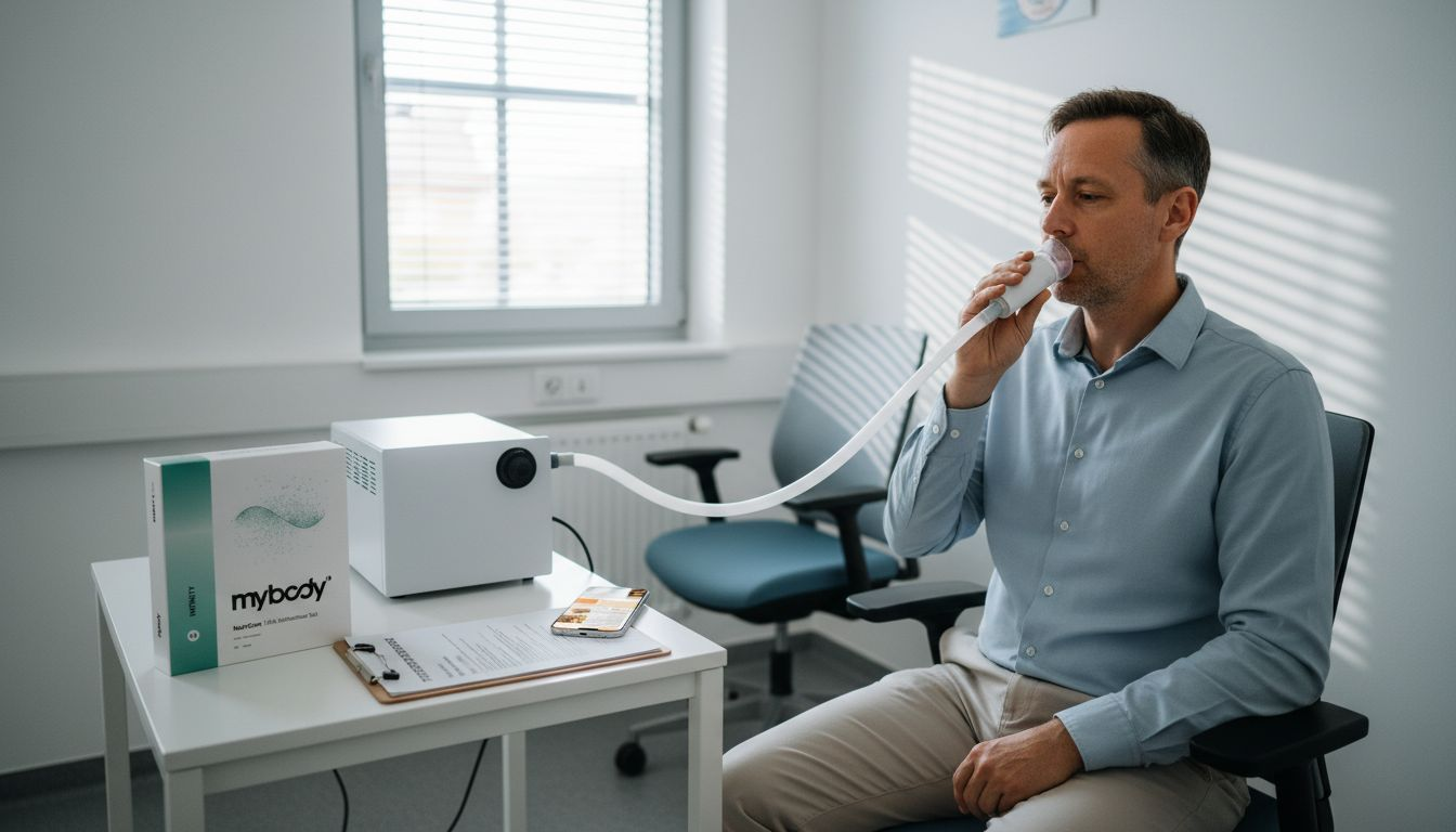 Ein Mann lässt im Labor eine Kalorimetrie durchführen.