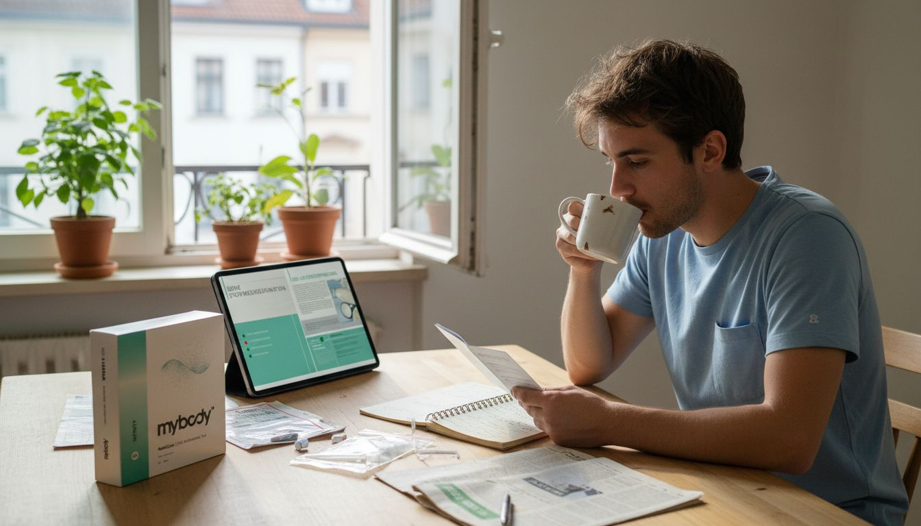 Ein Mann führt am Küchentisch einen Gentest durch.
