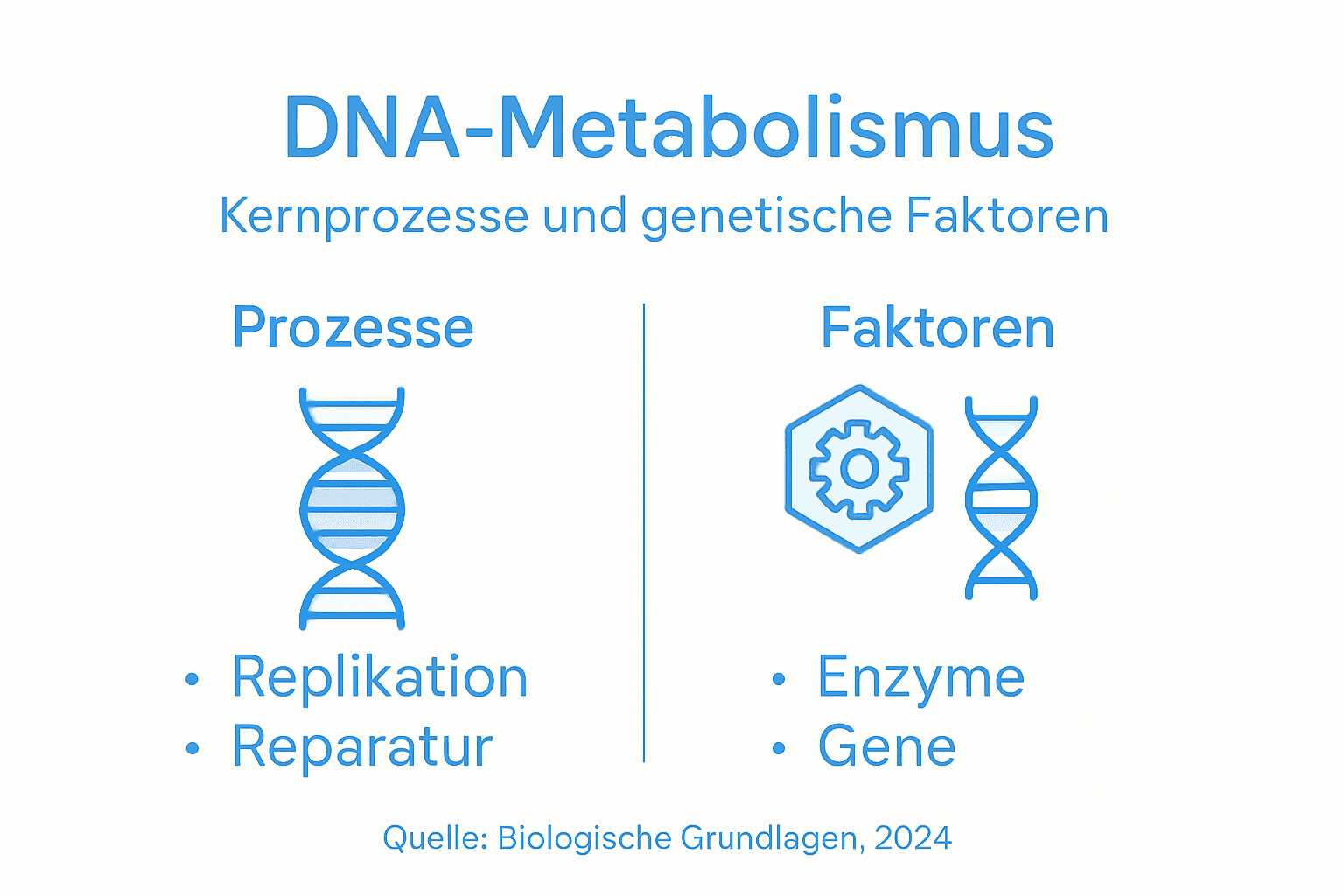 Übersichtsgrafik: Die wichtigsten Abläufe und Einflussfaktoren im DNA-Stoffwechsel auf einen Blick
