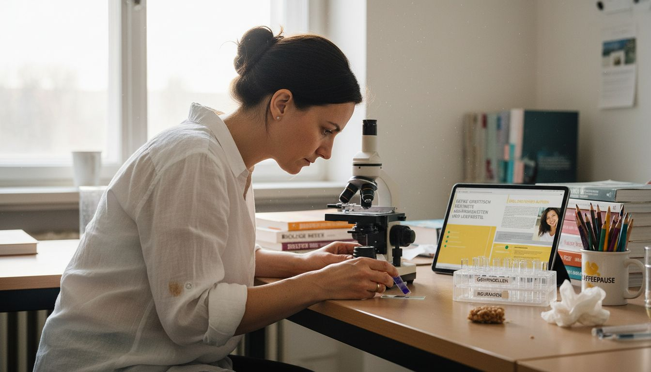 Eine Wissenschaftlerin untersucht eine DNA-Probe unter dem Mikroskop.