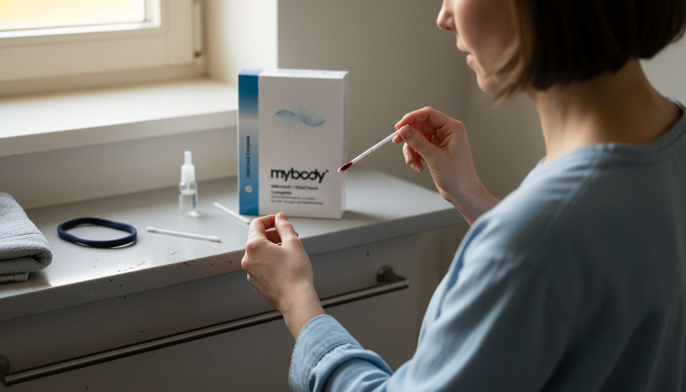 Eine Hand hält einen Abstrichtupfer für den Selbsttest griffbereit.