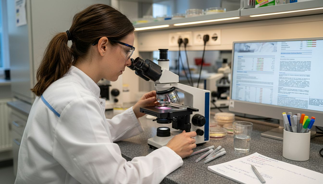 Eine Labortechnikerin analysiert eine Probe des Darmepithels unter dem Mikroskop.