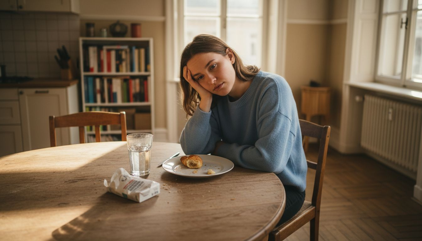 A tired-looking woman suffering from typical symptoms of a nutrient deficiency.