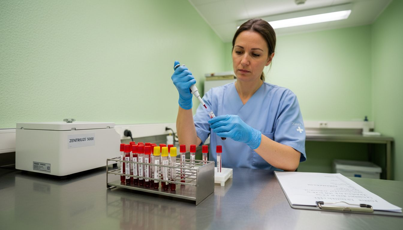A laboratory worker prepares a blood sample for hormone testing.