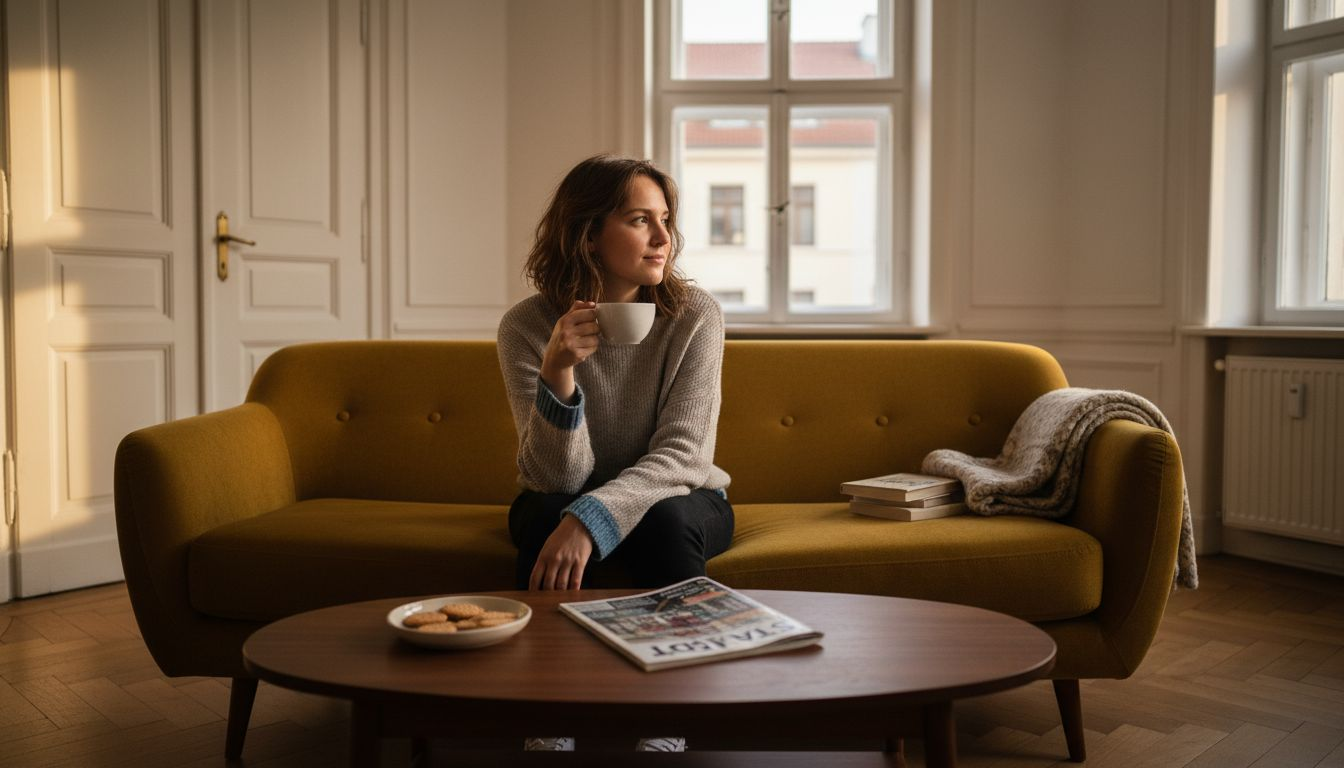 Eine Frau macht es sich mit einer Tasse Tee gemütlich auf dem Sofa.