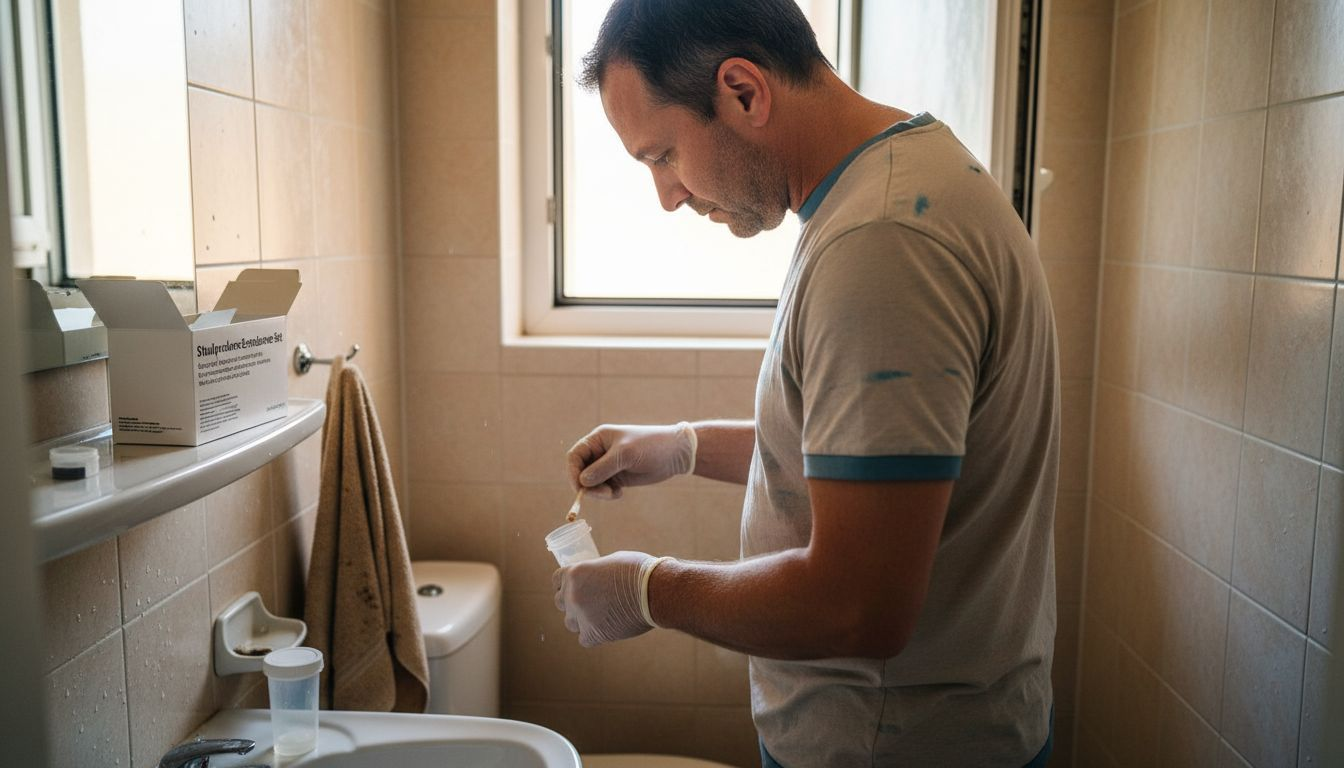 Ein Mann nimmt im Badezimmer eine Stuhlprobe.