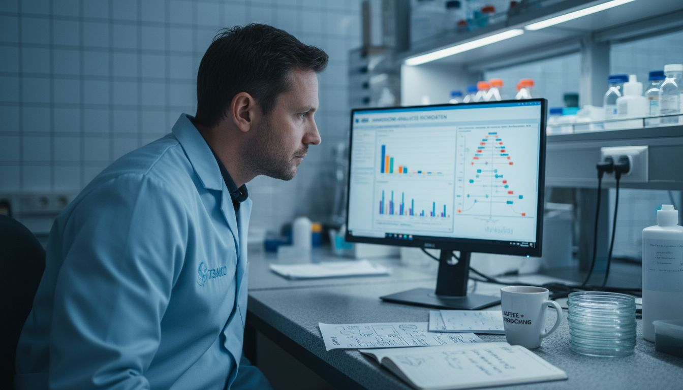 At the lab bench, a lab technician analyzes the microbiome data and draws his conclusions.