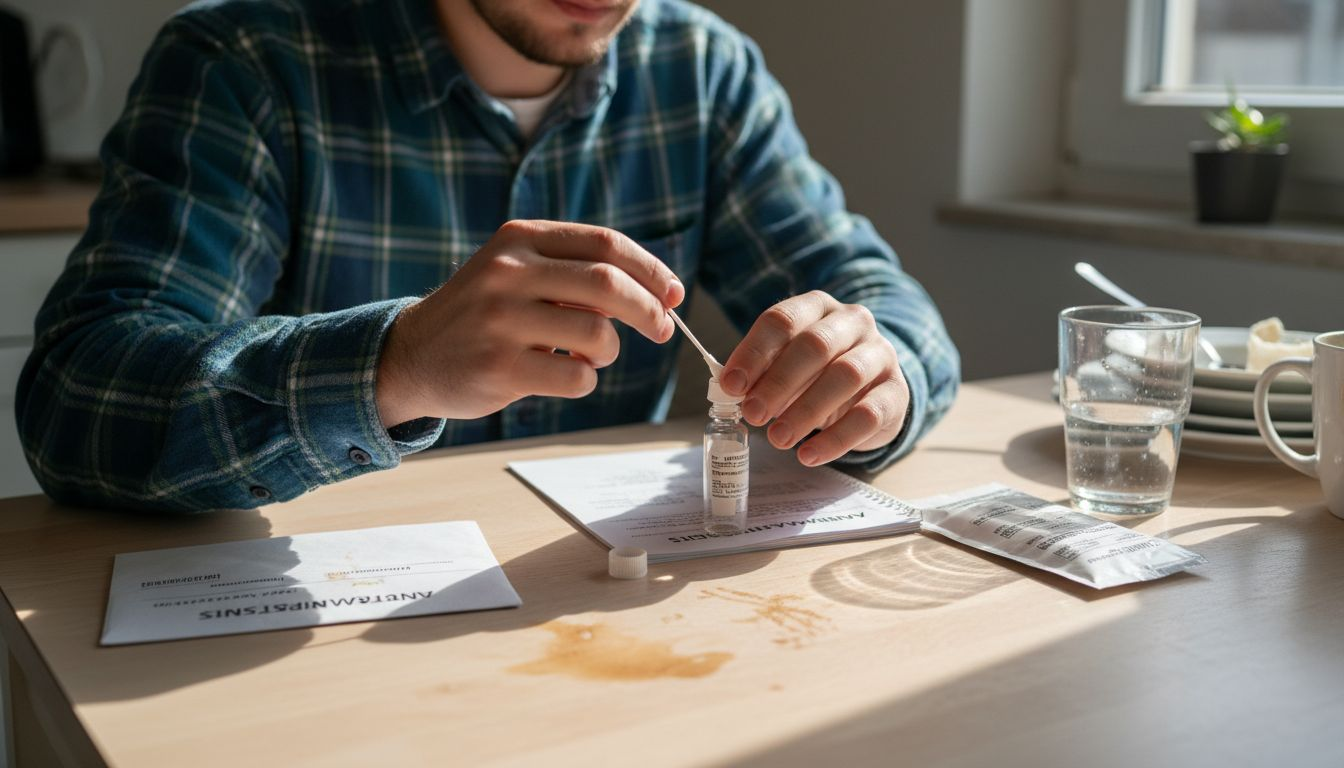 A man leaves a cotton swab to air dry in preparation for a DNA test.