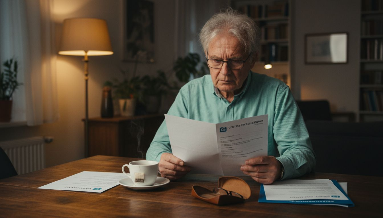 Ein Mann studiert seinen Gentest-Bericht zusammen mit weiteren Unterlagen.