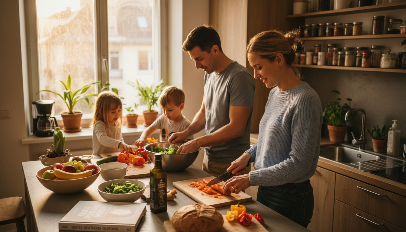 Insieme, i membri della famiglia tagliano e cucinano un pasto sano in cucina, rendendo la preparazione due volte più divertente.