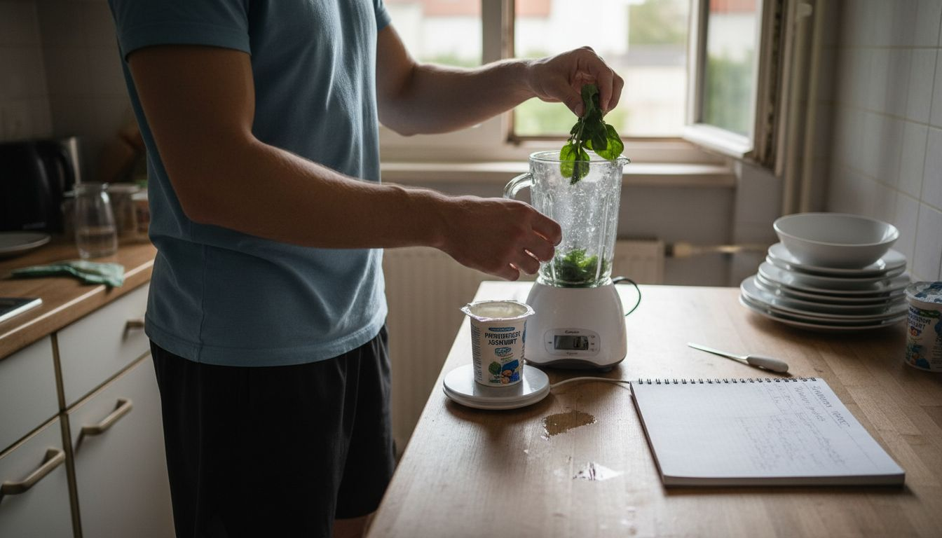 Ein Mann bereitet einen Smoothie als Teil seiner Fitness-Ernährung zu.