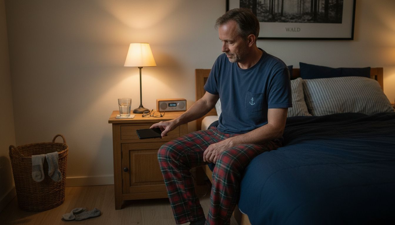Un uomo si sta preparando per andare a letto in una stanza accogliente.