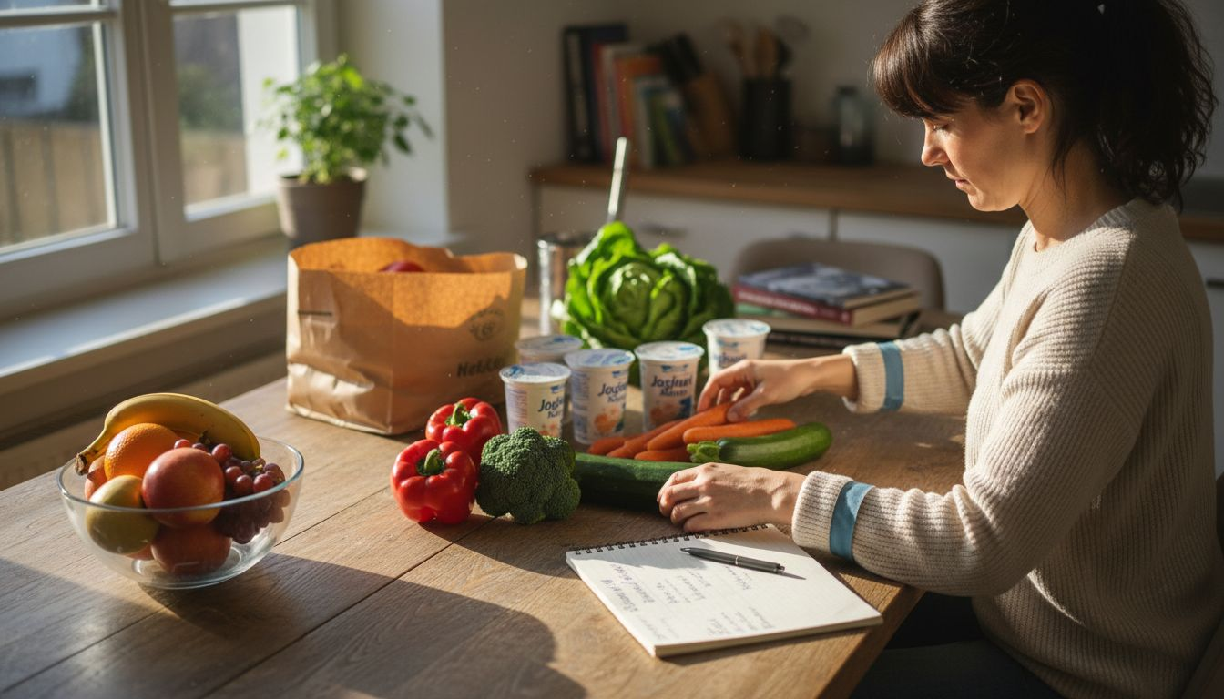 Eine Frau sitzt am Küchentisch und stellt ihren Ernährungsplan zusammen.