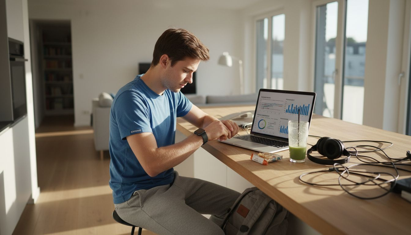 A man checks his nutrition data on his smartwatch.
