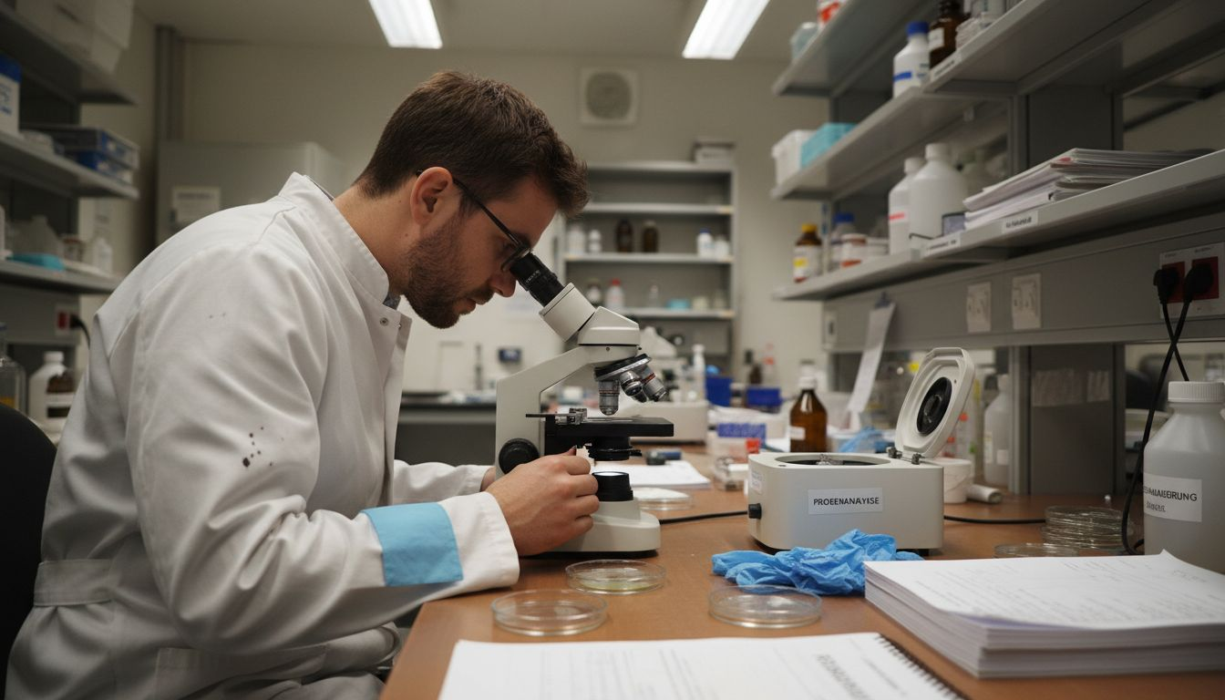 A laboratory worker examines hair samples under a microscope.