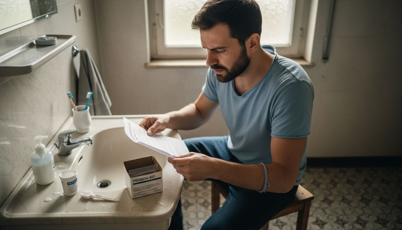 A man examines a test kit for analyzing his microbiome at home.