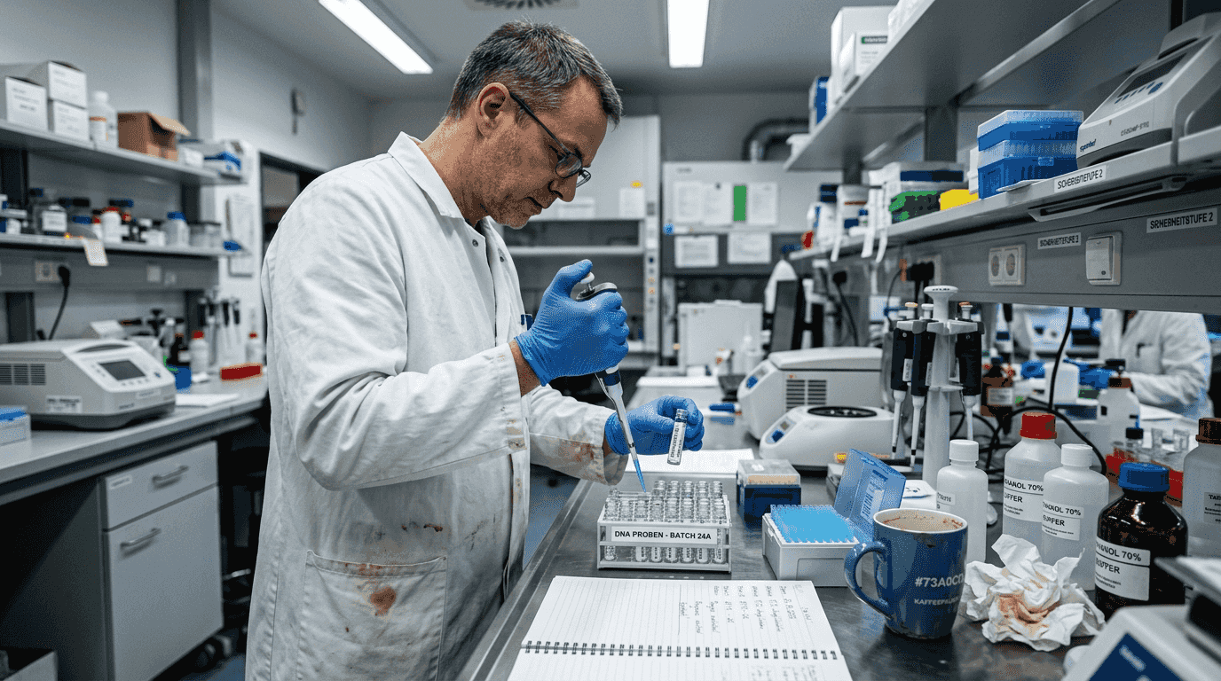 Un tecnico di laboratorio analizza campioni di DNA in condizioni controllate.