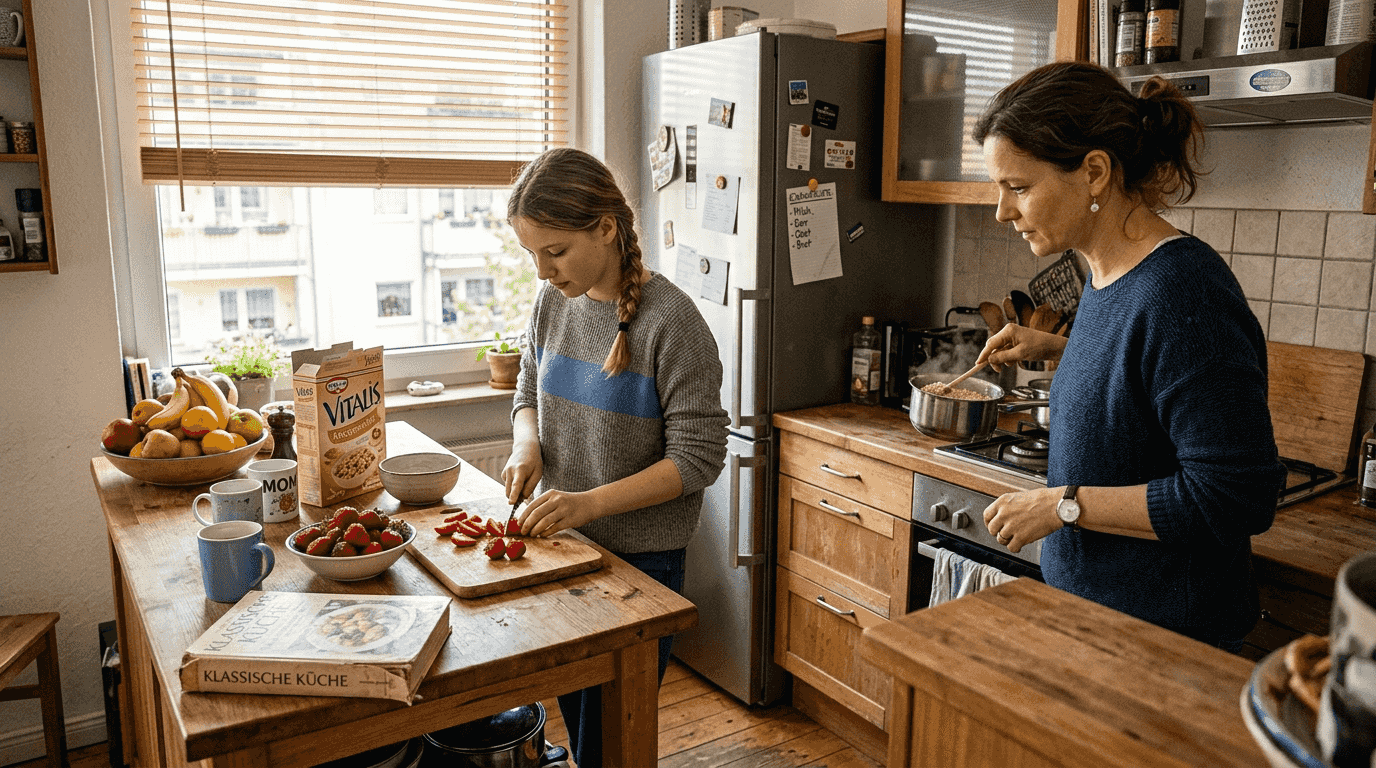 Preparare una colazione sana insieme in famiglia significa non solo seguire un'alimentazione equilibrata, ma anche trascorrere del tempo prezioso insieme. Mentre tutti danno una mano, nascono piacevoli conversazioni e si assicura un buon inizio di giornata.