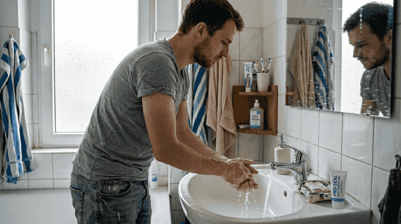 Un uomo si lava accuratamente le mani per mantenersi pulito e in salute.