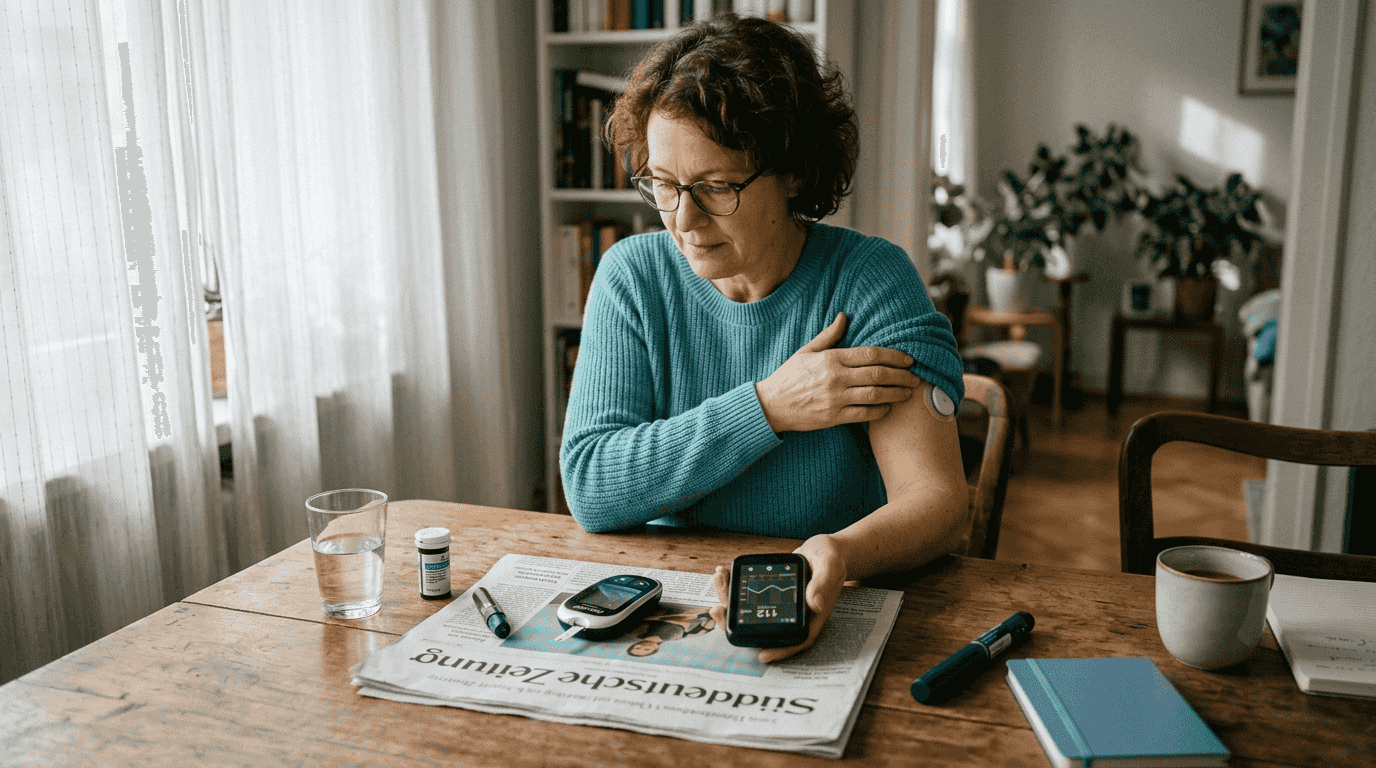 Eine Frau vergleicht herkömmliche Blutzuckermessgeräte mit modernen CGM-Systemen.