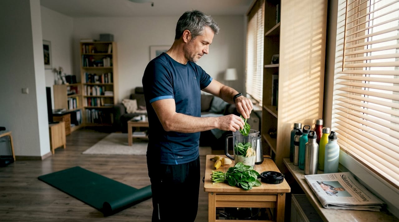 Un uomo prepara un frullato, con un fitness tracker ben visibile al polso.