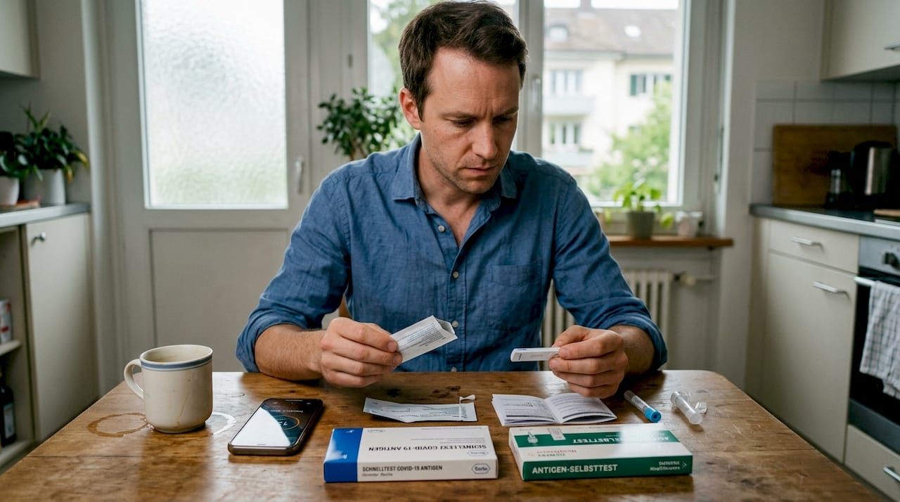 Um homem está sentado à mesa comparando dois kits diferentes de autotestes.