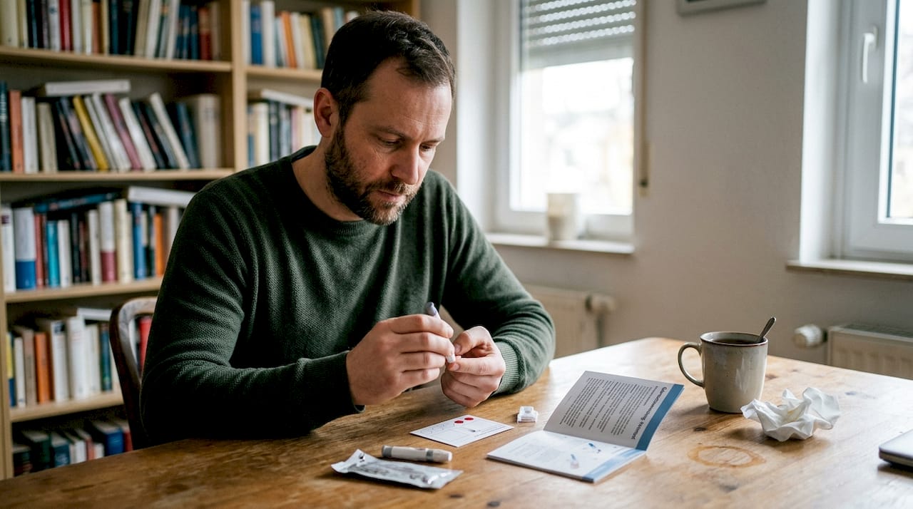 Mann nimmt Blutprobe bequem am Wohnzimmertisch ab