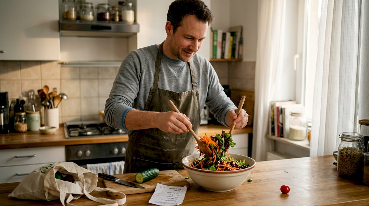 Ein Mann schnippelt frisches Gemüse und bereitet in seiner heimischen Küche einen Salat zu.