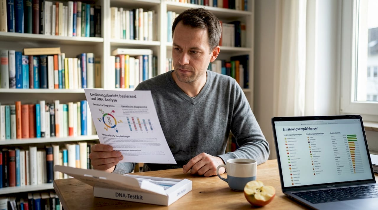 Ein Mann sitzt am Schreibtisch und wirft einen genauen Blick auf die Ergebnisse seines DNA-Ernährungstests.