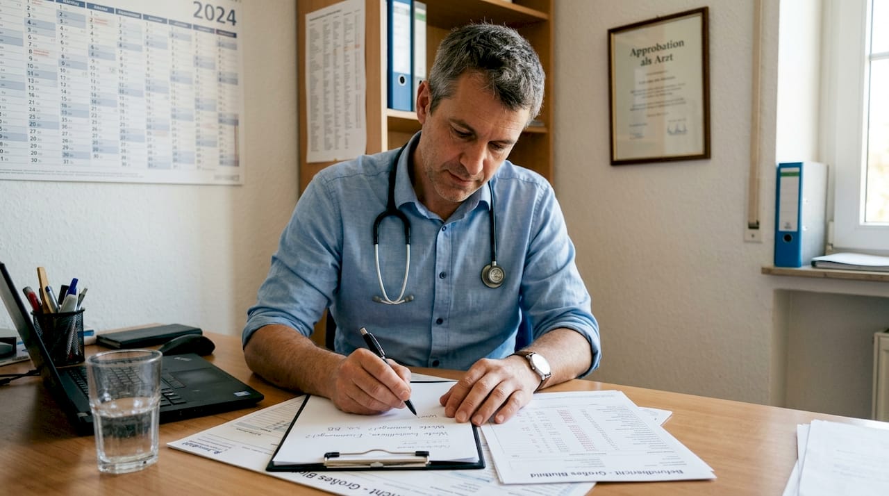 Un medico siede alla scrivania e valuta i risultati attuali degli esami del sangue della sua paziente.