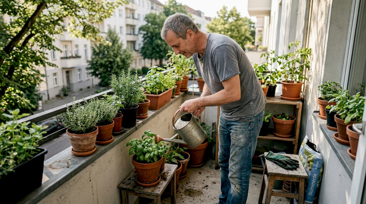 A man lovingly tends to his diverse plants on a sunny balcony.