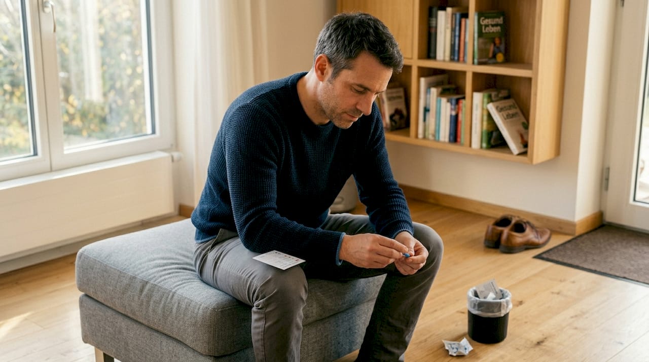 Un uomo esegue un test del sangue a casa e preleva una goccia di sangue dal suo dito.